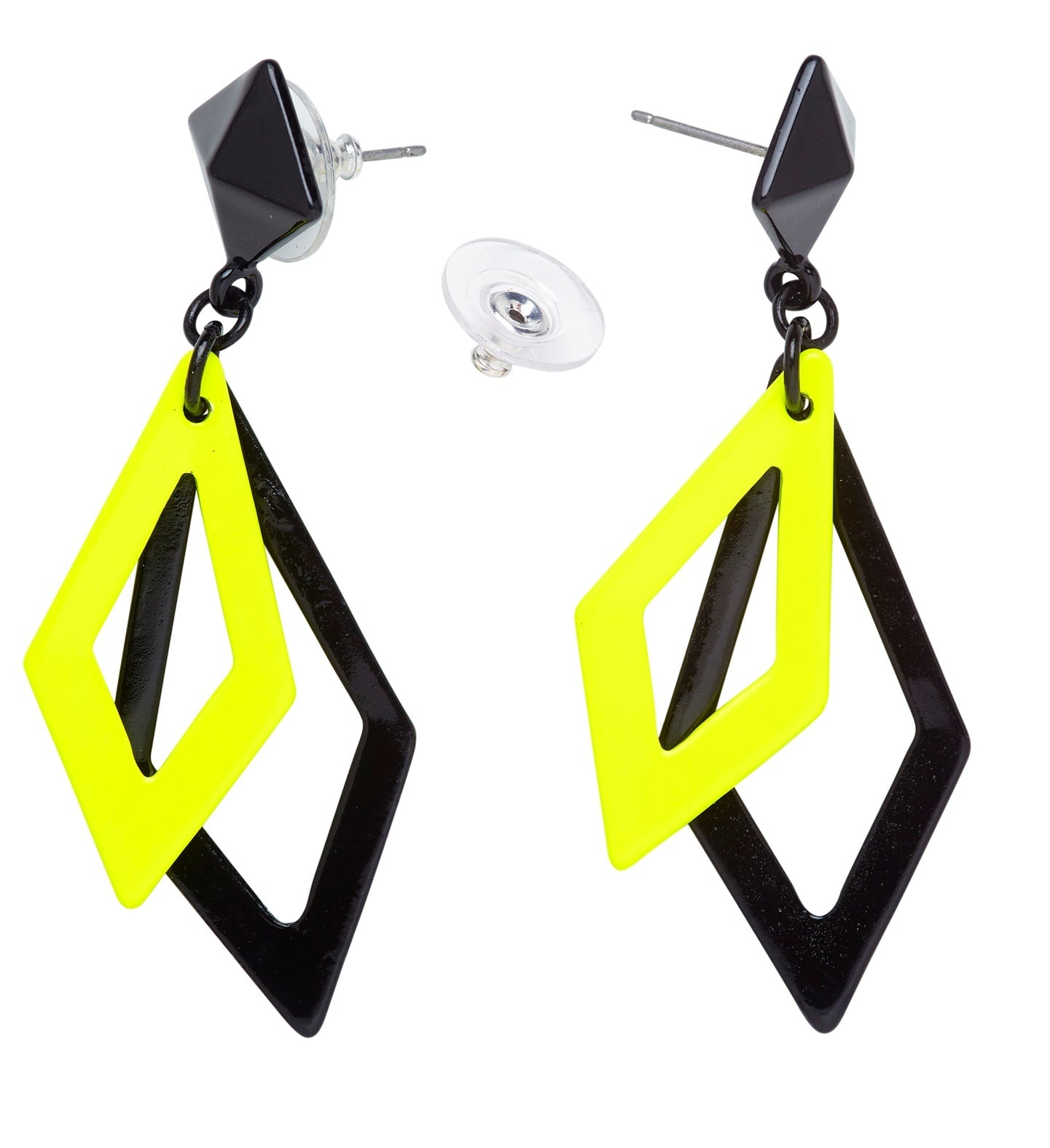 Schwarz und neon gelbe Acryl Rhombus Ohrringe mit Statement-Design.