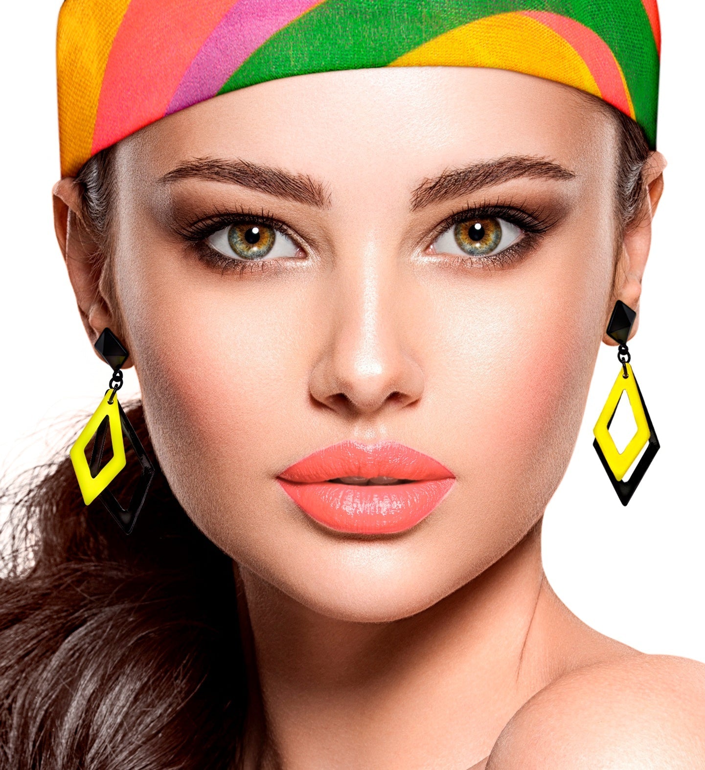 Black and neon yellow rhombus acrylic statement earrings on a model.