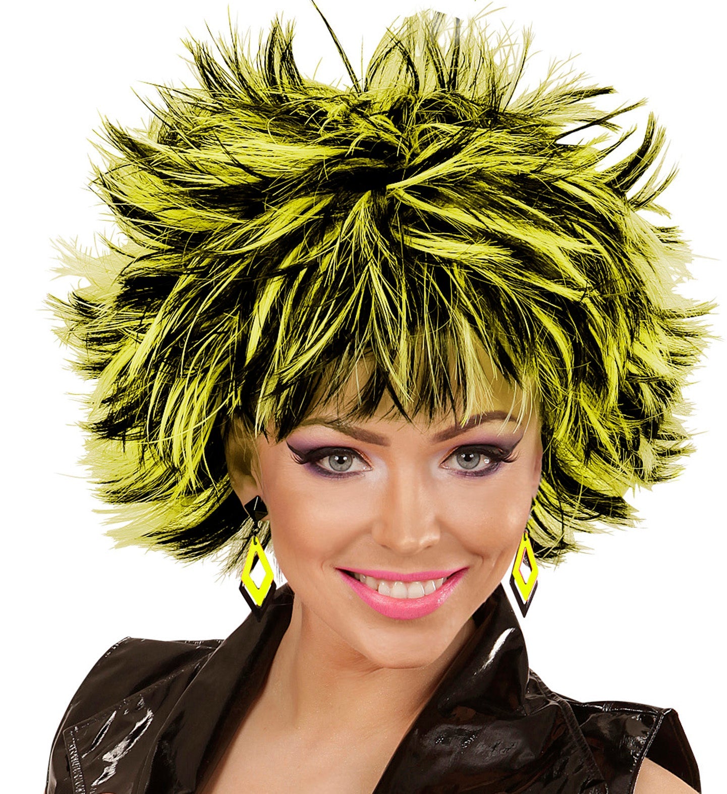 Woman wearing black and neon yellow rhombus acrylic statement earrings.
