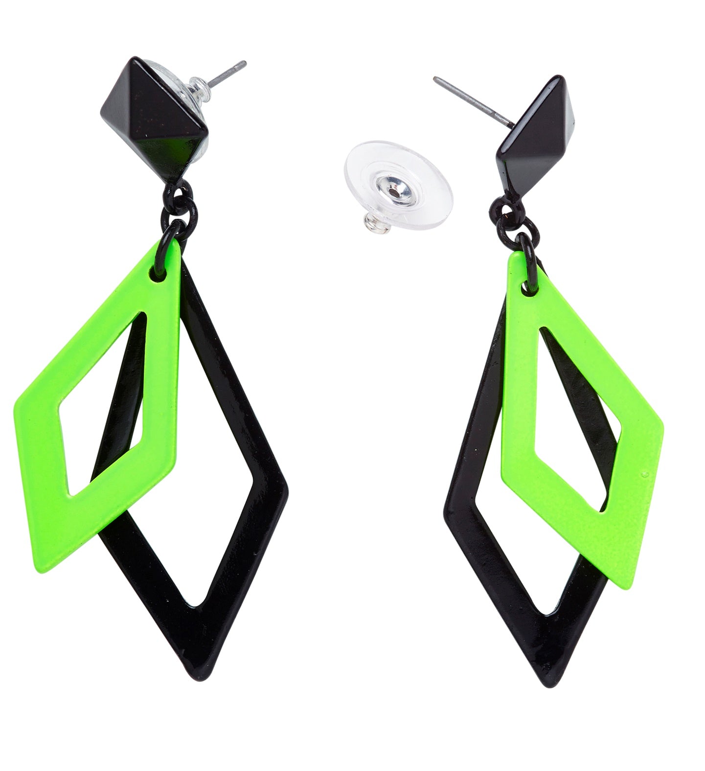 Black and neon green acrylic rhombus statement earrings with stud backs.