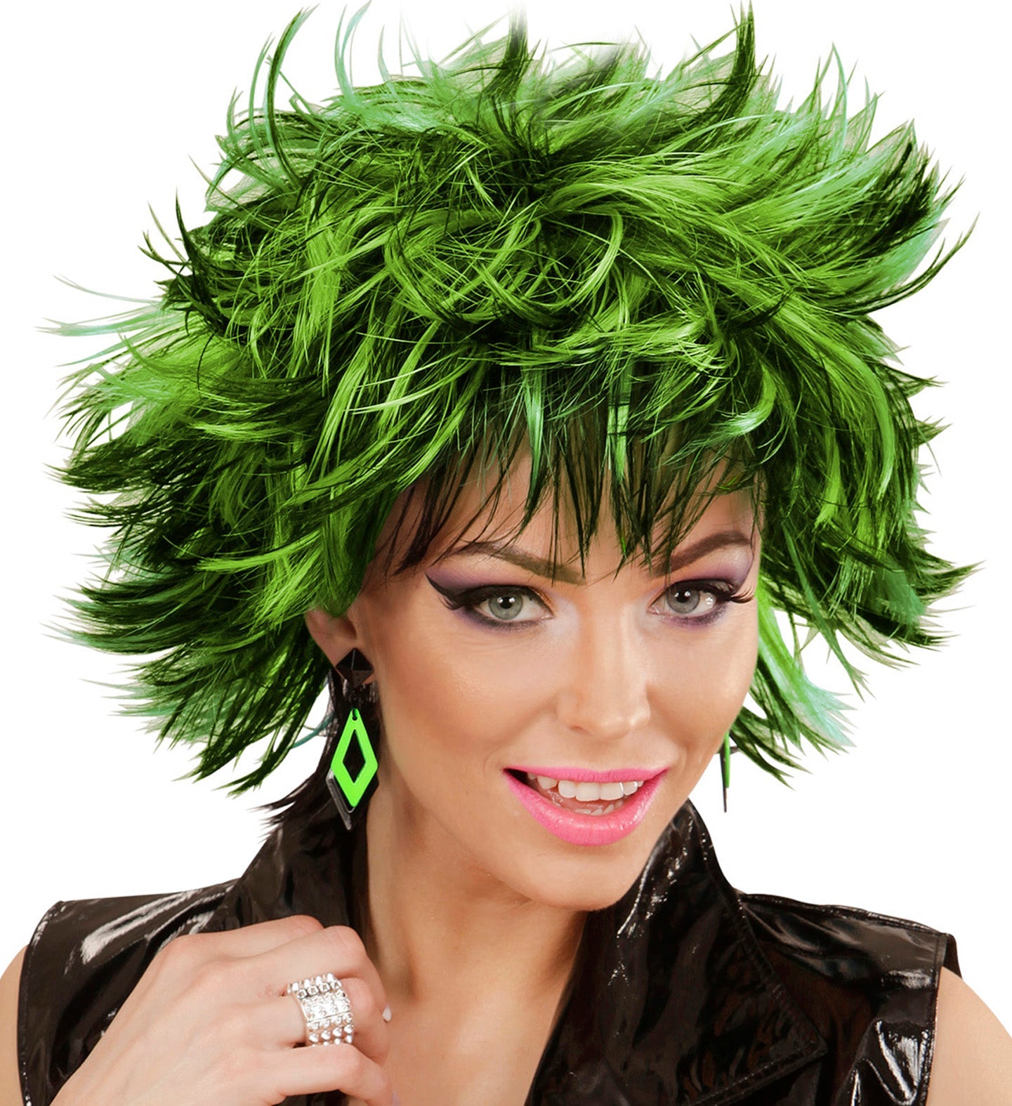 Woman wearing black and neon green rhombus acrylic statement earrings.