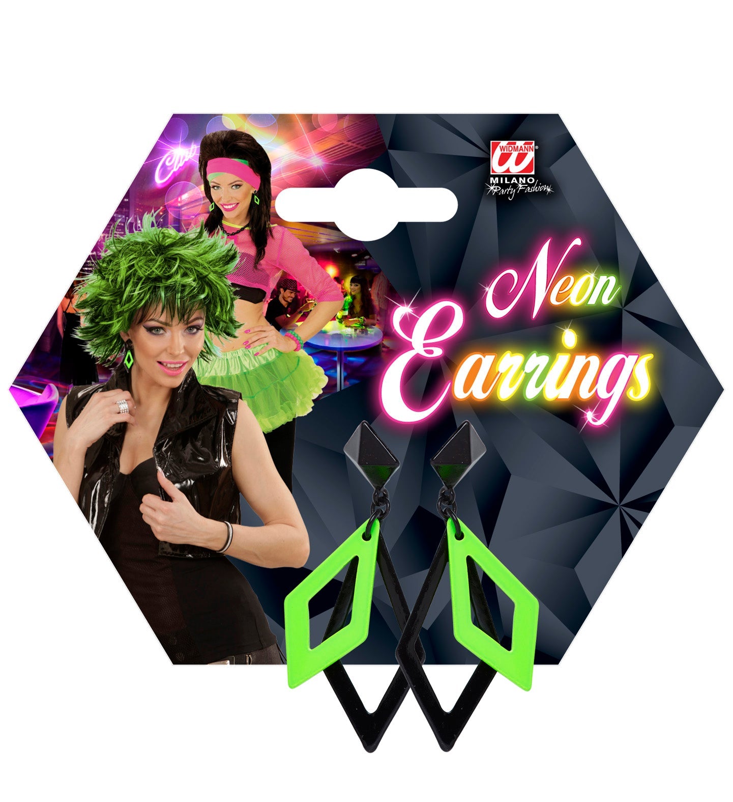 Black and neon green rhombus-shaped acrylic statement earrings on a card.