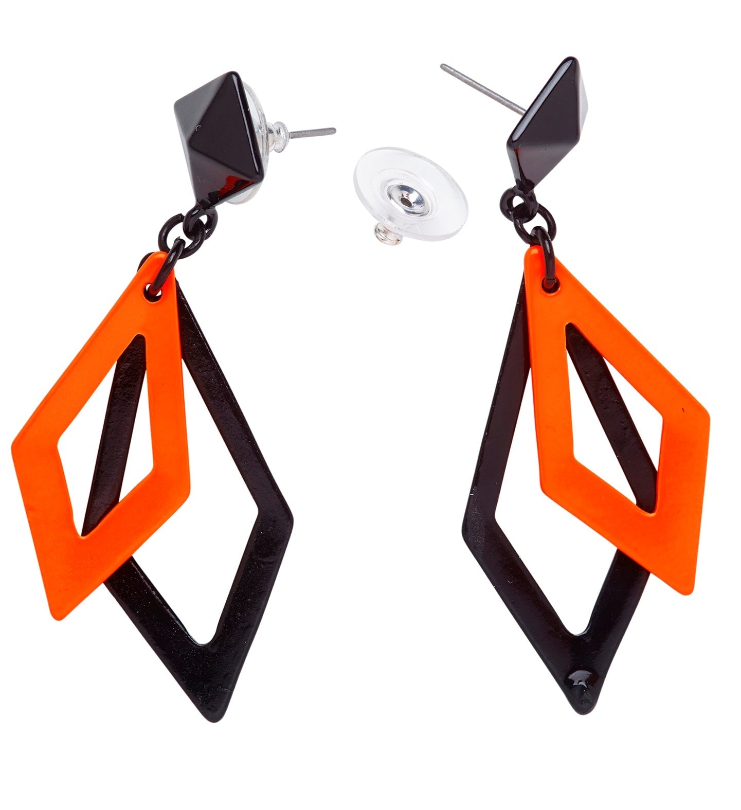 Black and neon orange acrylic rhombus earrings with geometric cutouts and steel posts.