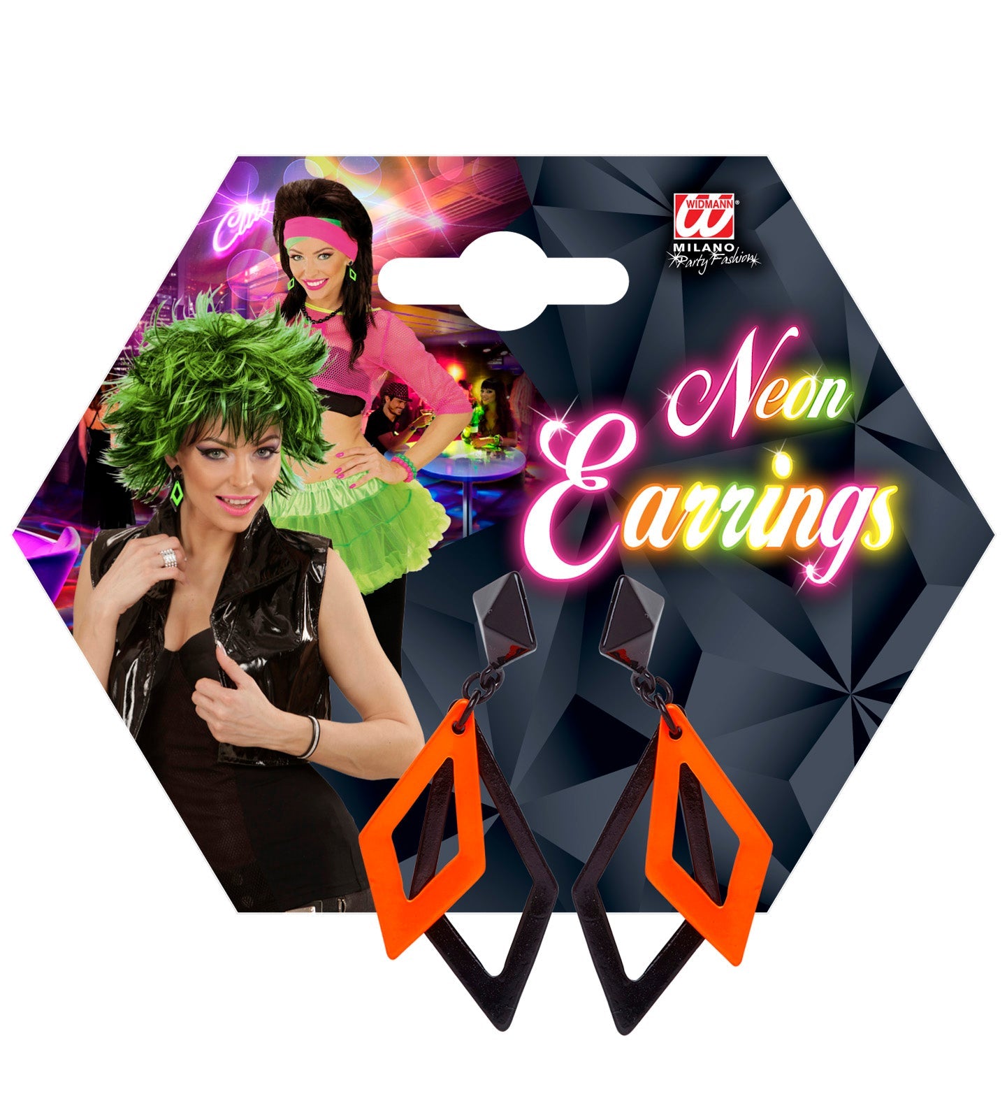 Black and neon orange rhombus acrylic earrings on a hexagonal card.