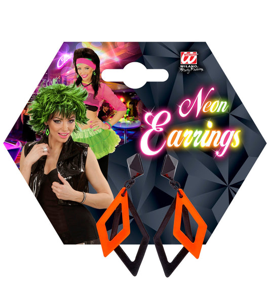 Black and neon orange rhombus acrylic earrings on a hexagonal card.