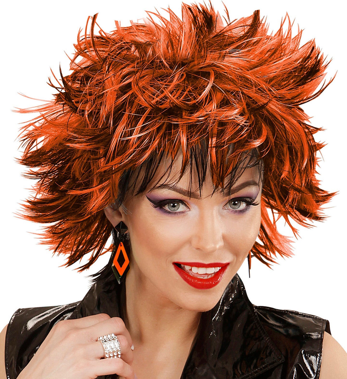 Woman wearing black and neon orange rhombus acrylic earrings.