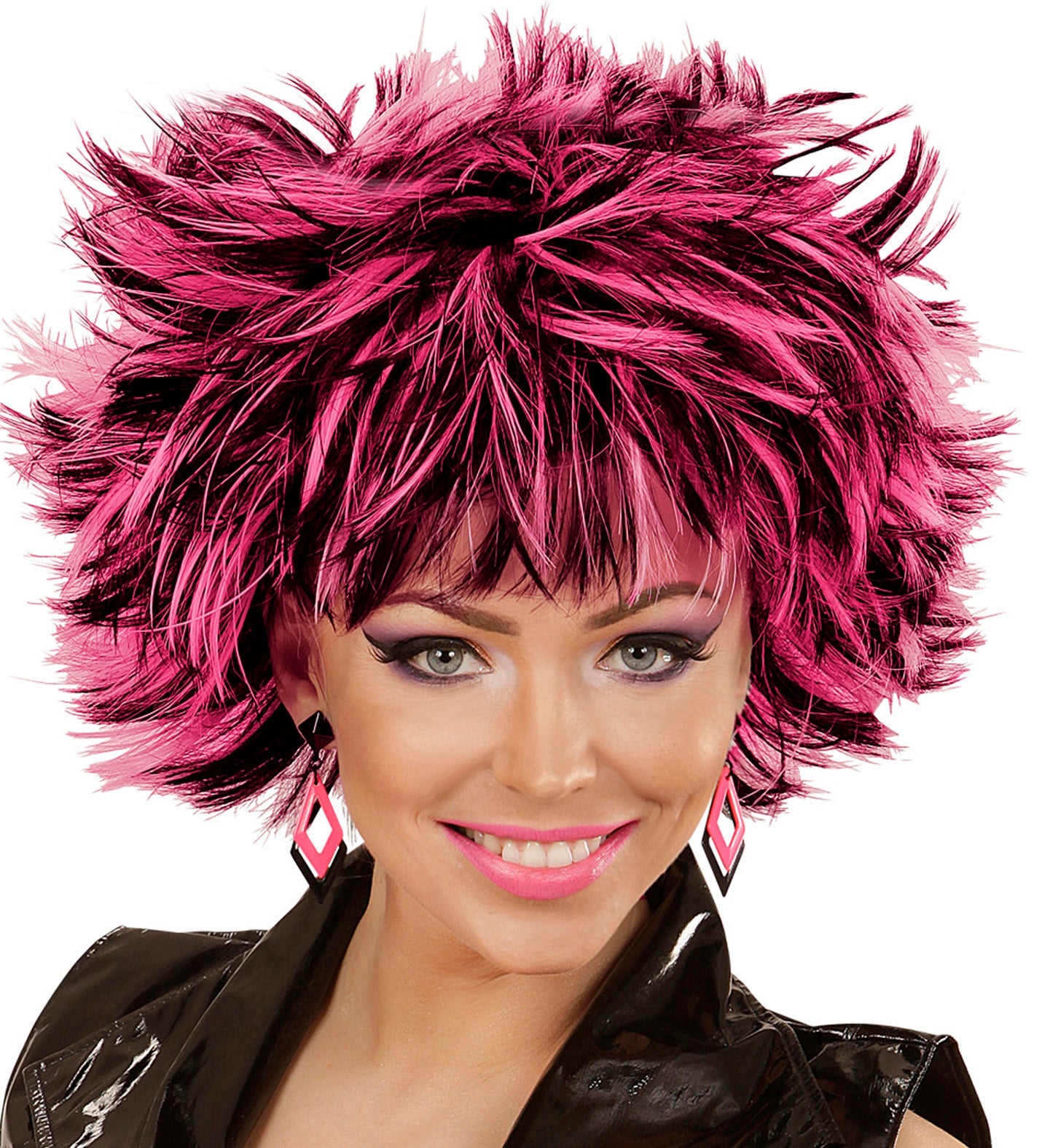 Black and neon pink rhombus acrylic earrings with hook backs, 80s style.