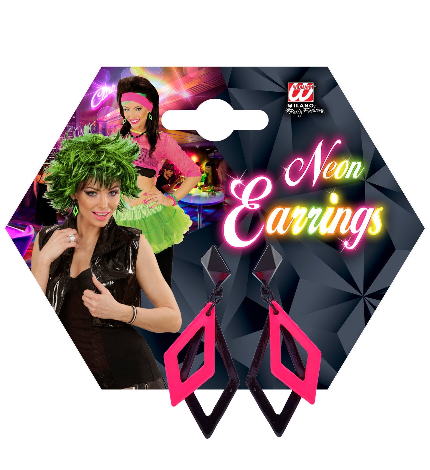 Black and neon pink rhombus acrylic earrings on a card, 80s style.