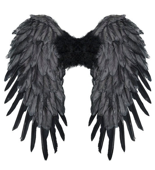 Schwarze Federnflügel in 50 cm, faltbar mit elastischen Schulterträgern für Kostüme.