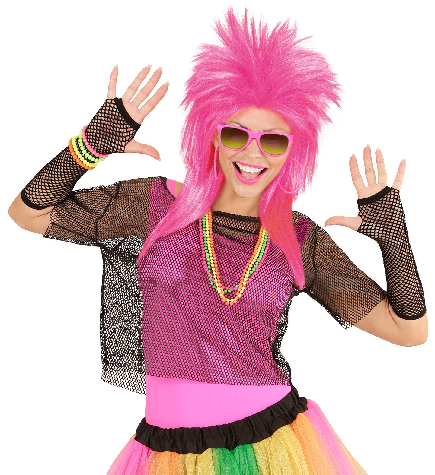 Schwarze fingerlose Netz-Handschuhe aus atmungsaktivem Material, 33 cm lang bis zur Mitte des Arms.