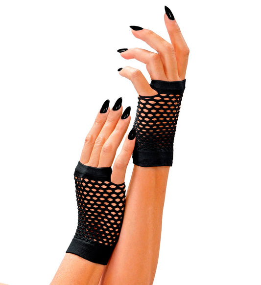 Schwarze, fingerlose Netzhandschuhe aus Netzmaterial für Party und Cosplay.