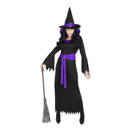 Schwarzes Hexenkostüm mit lila Akzenten und schwingendem Rock für Damen.