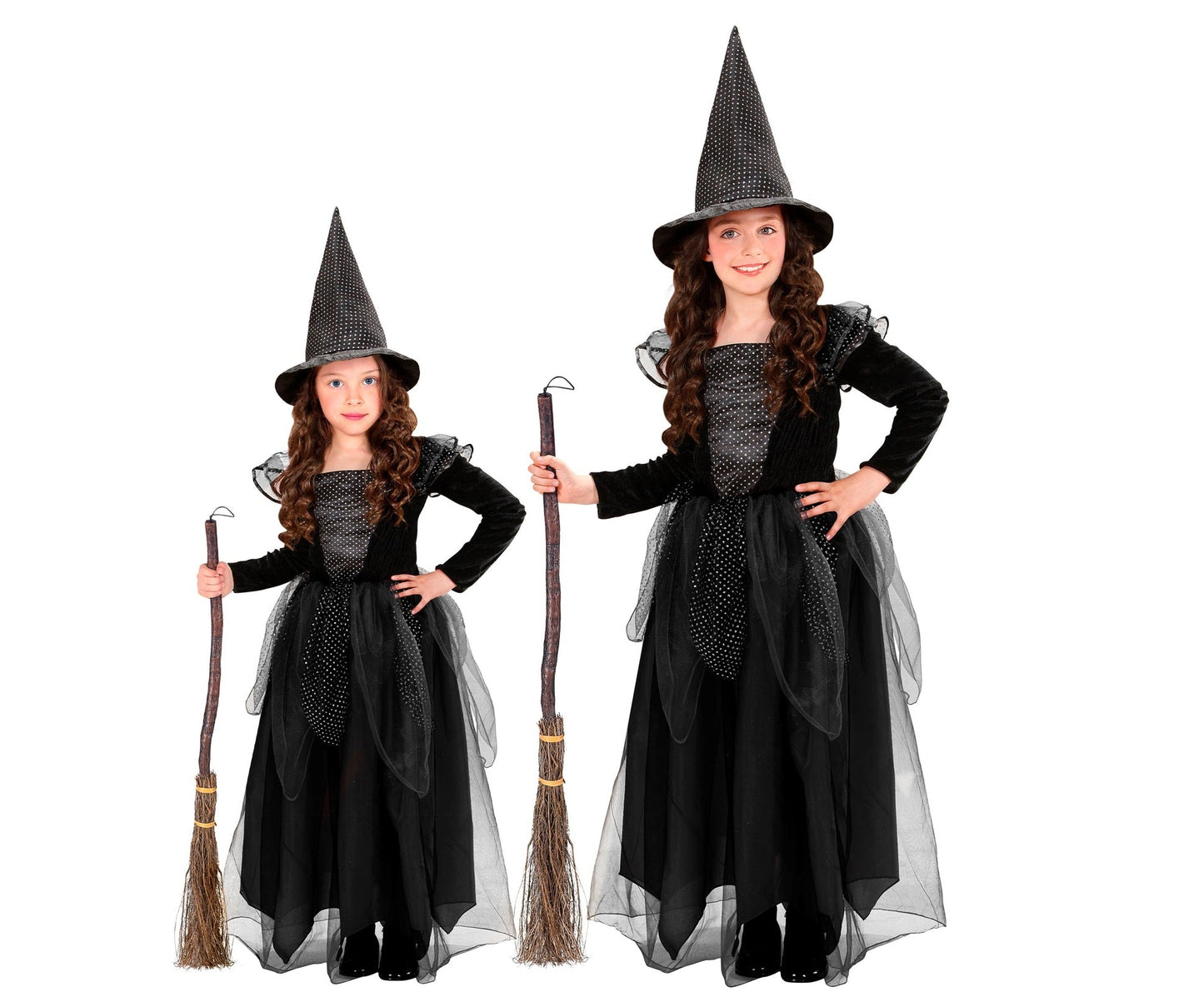 Schwarzes Hexenkleid mit Hut für Mädchen, atmungsaktiv und maschinenwaschbar.