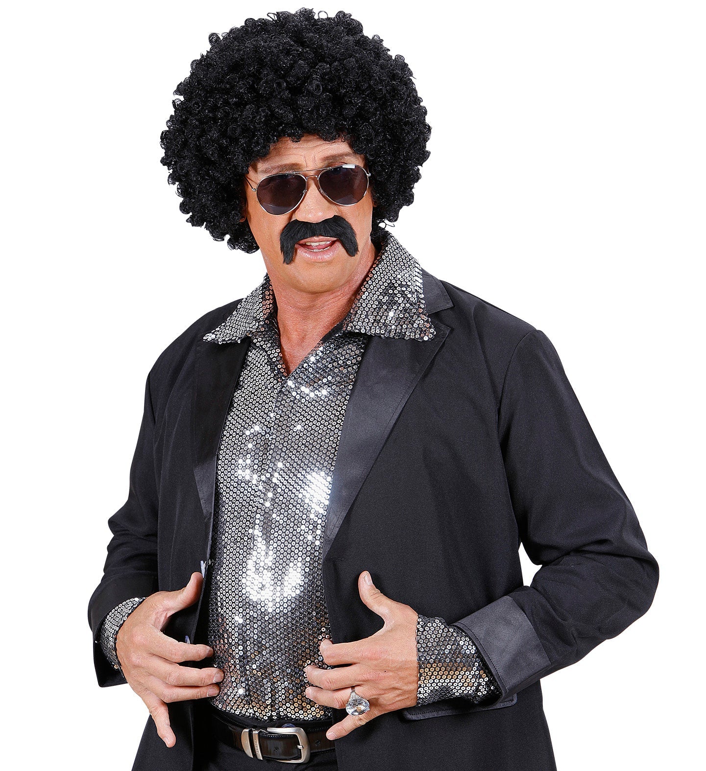 Schwarze, lockige Perücke mit Schnurrbart und Sonnenbrille für Geheimagenten-Kostüme.