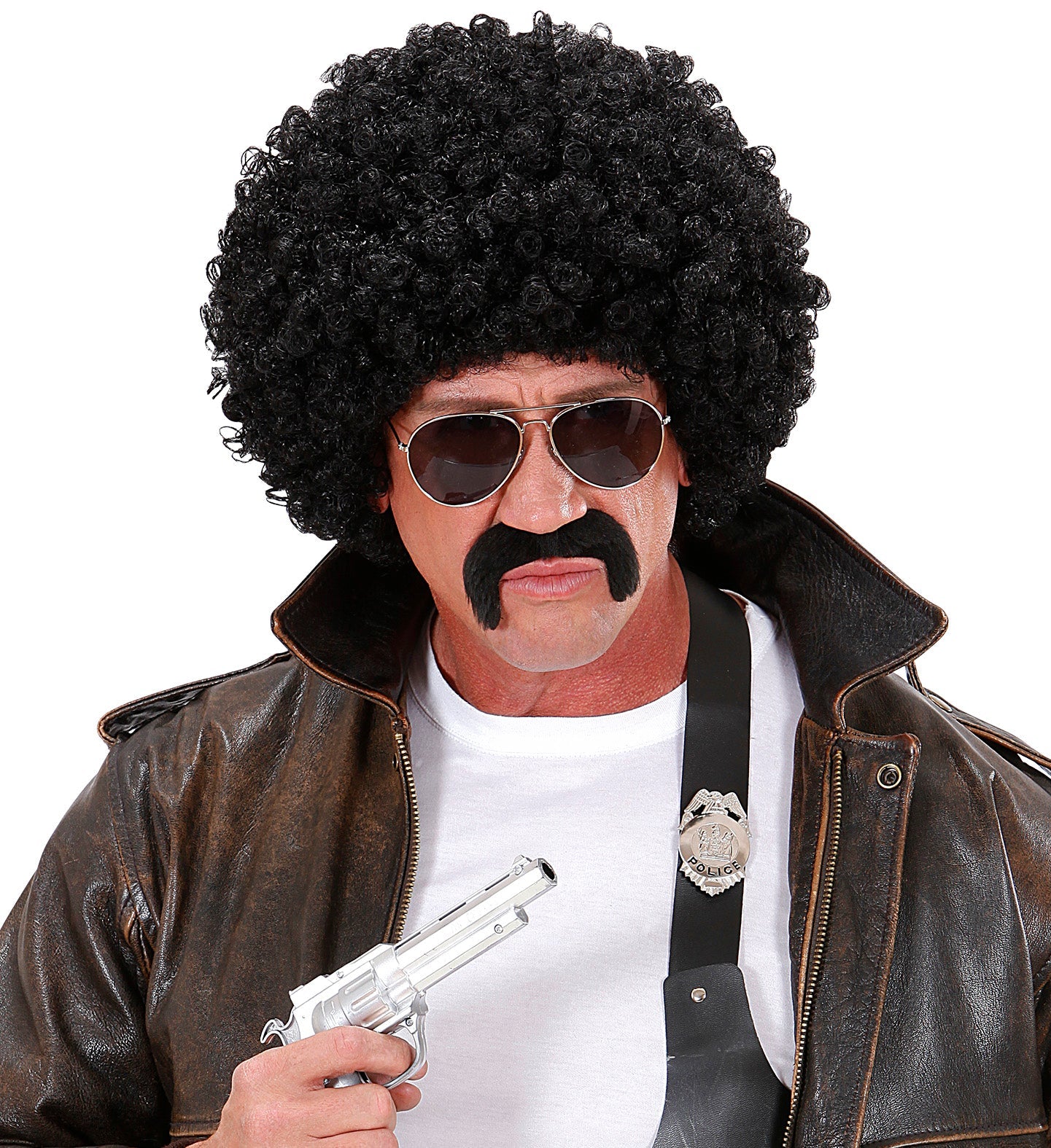 Schwarze lockige Perücke mit Schnurrbart und Sonnenbrille als Geheimagenten-Kostüm