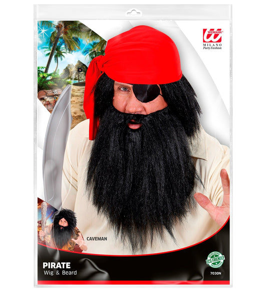 Men's black synthetic pirate wig with attached beard on Widmann packaging.