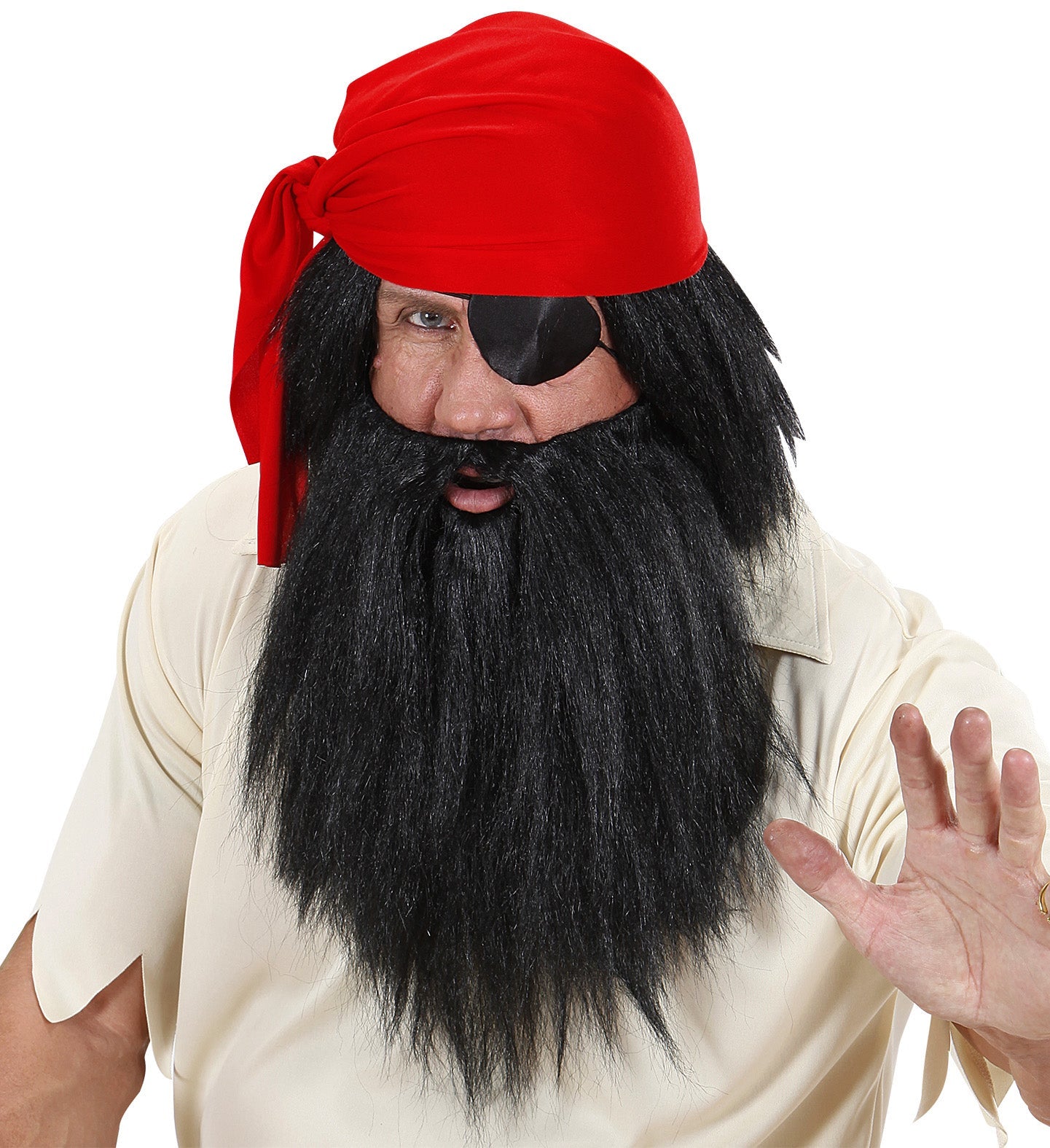 Men's black synthetic pirate wig with attached beard, featuring long hair past shoulders.