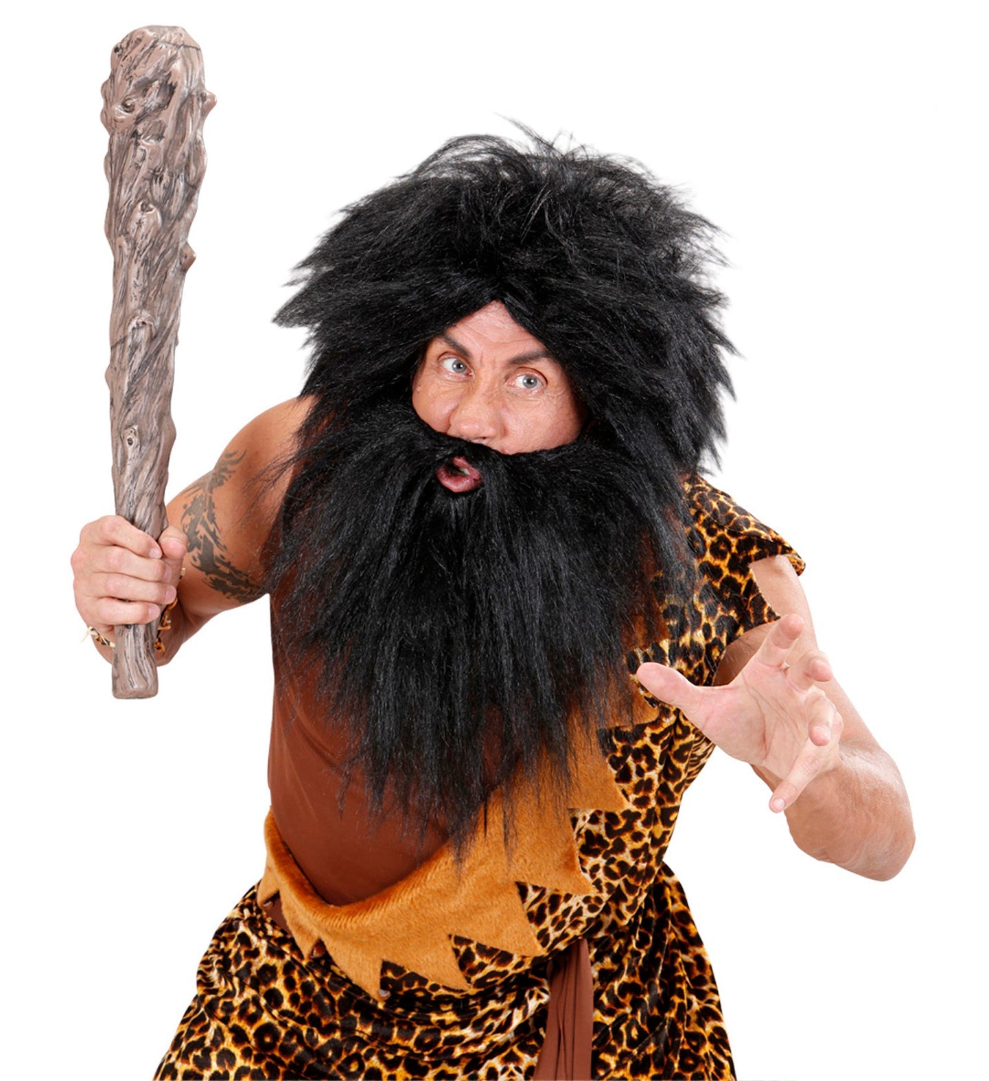 Man in black pirate wig and beard costume holding a club, posing dynamically.