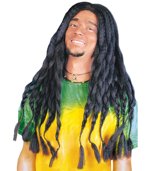 Voluminöse schwarze Rasta-Perücke aus Kunstfaser mit dichten Strähnen und elastischem Haarnetz.