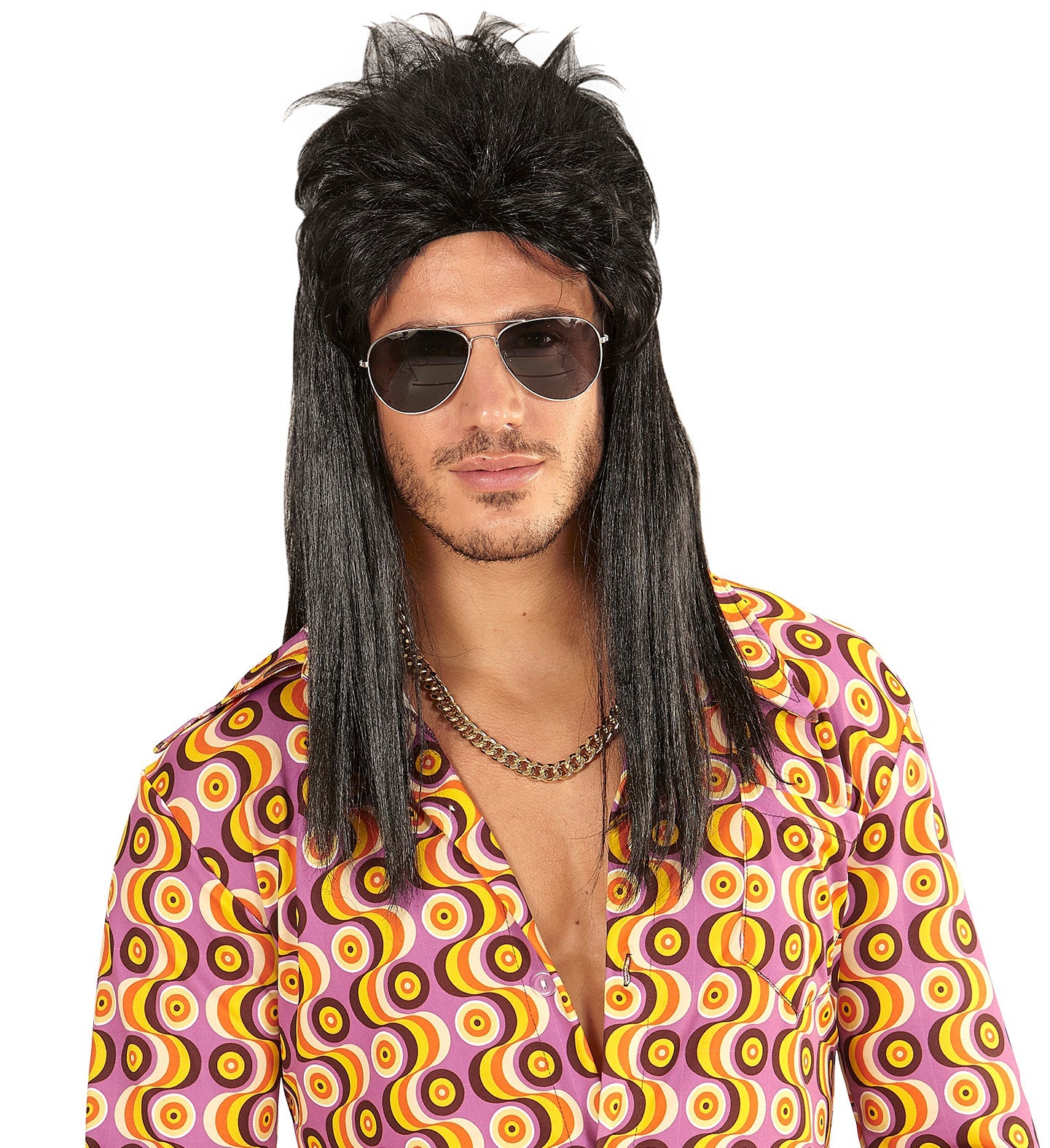 Black layered Vokuhila wig for men, synthetic party style.