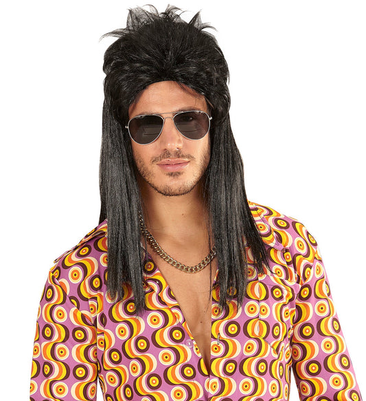 Black layered Vokuhila wig for men, synthetic party style.