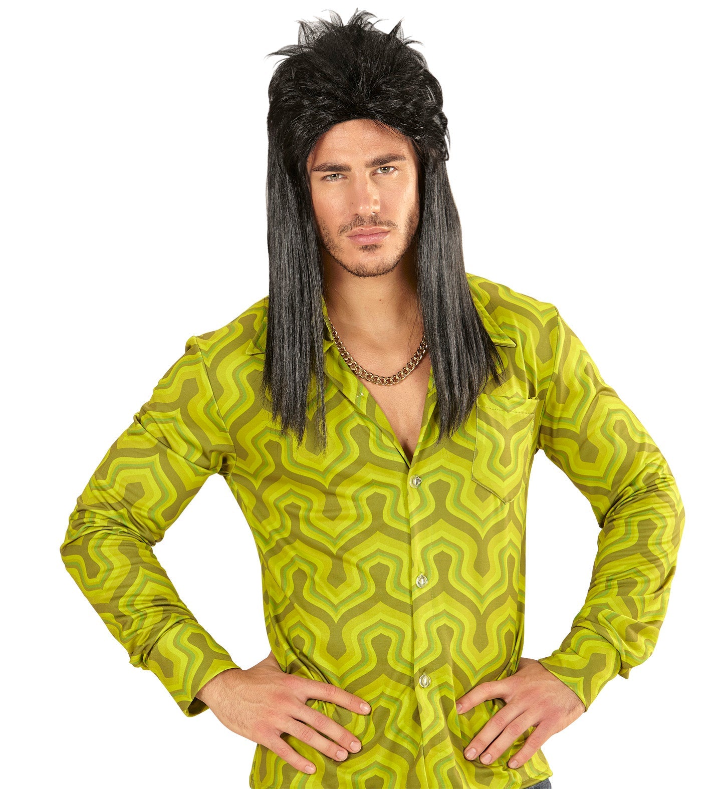 Black layered synthetic Vokuhila wig for men, shown on model with long front and back hair.