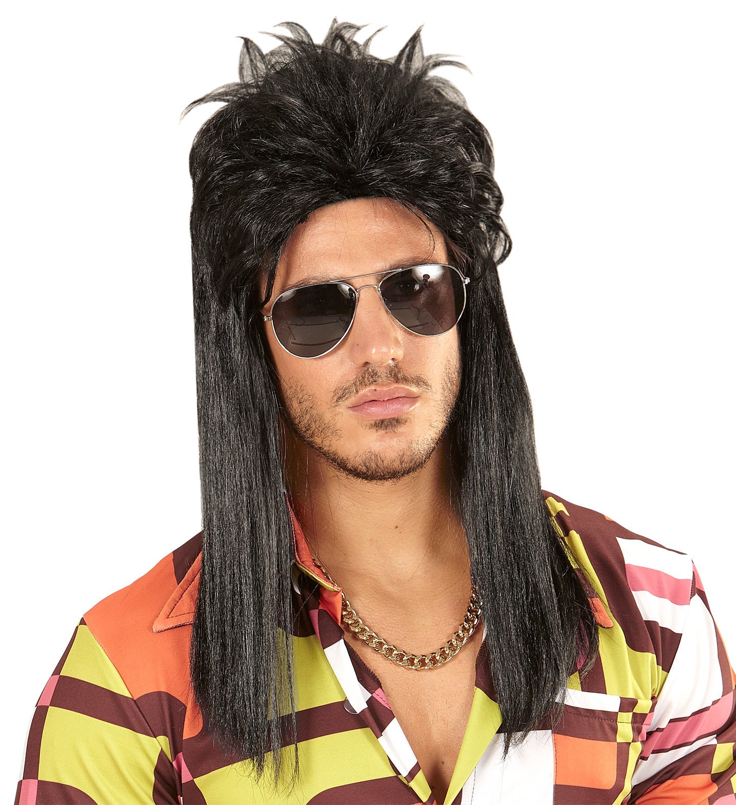 Black Vokuhila wig on a man with layered synthetic hair, sunglasses, and patterned shirt.