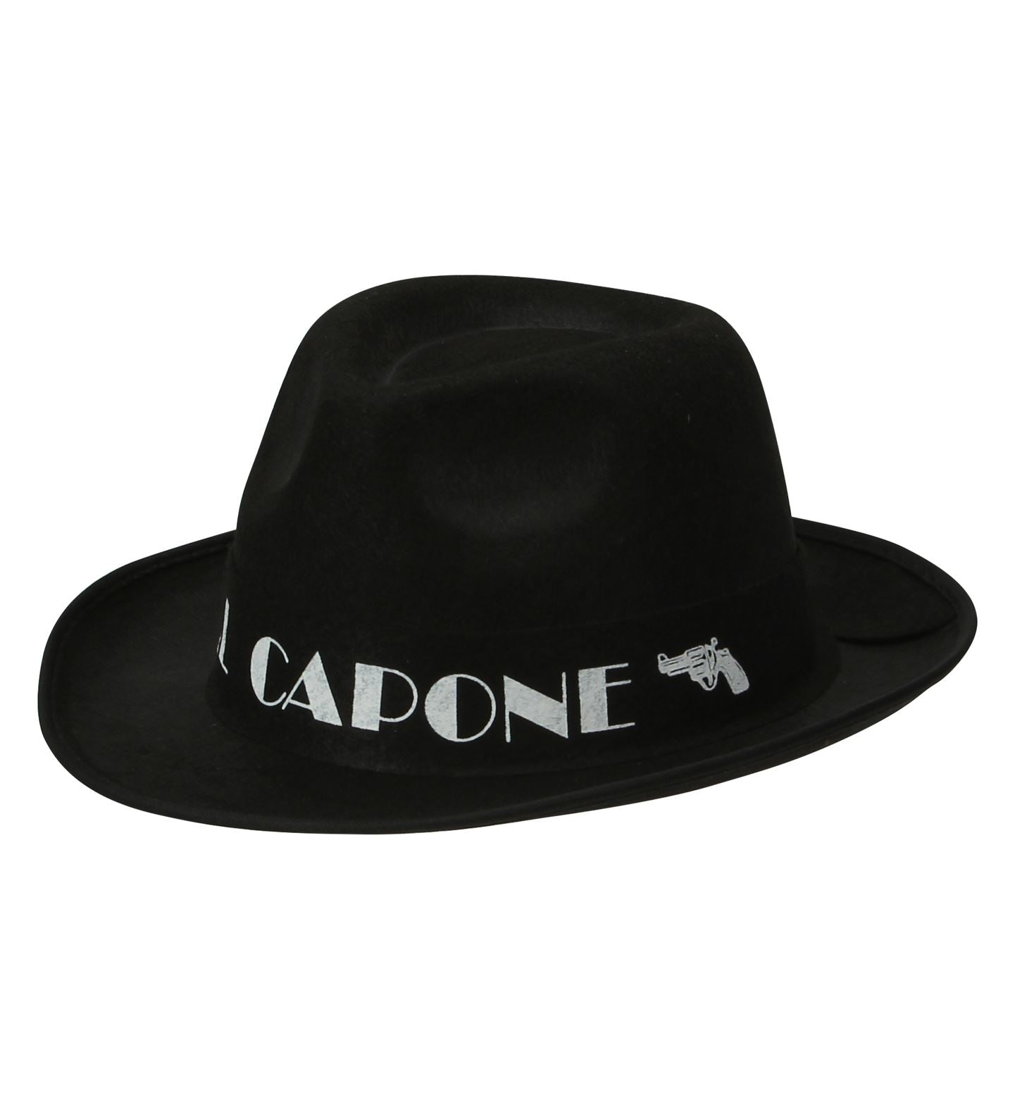 Schwarzer Filzhut im 20er Jahre Stil, inspiriert von Al Capone, mit breiter Krempe.