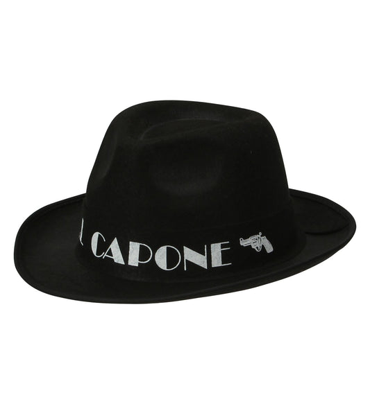 Schwarzer Filzhut im 20er Jahre Stil, inspiriert von Al Capone, mit breiter Krempe.