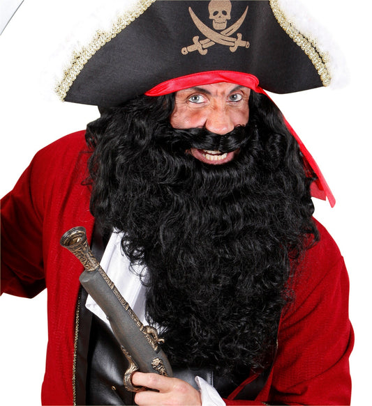 A black synthetic beard for men's costumes, versatile and easy to wear.