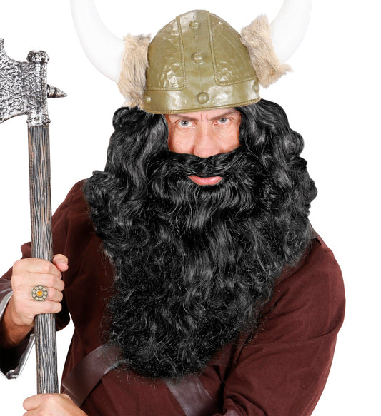 A man's synthetic black beard with long wavy hair for costumes.