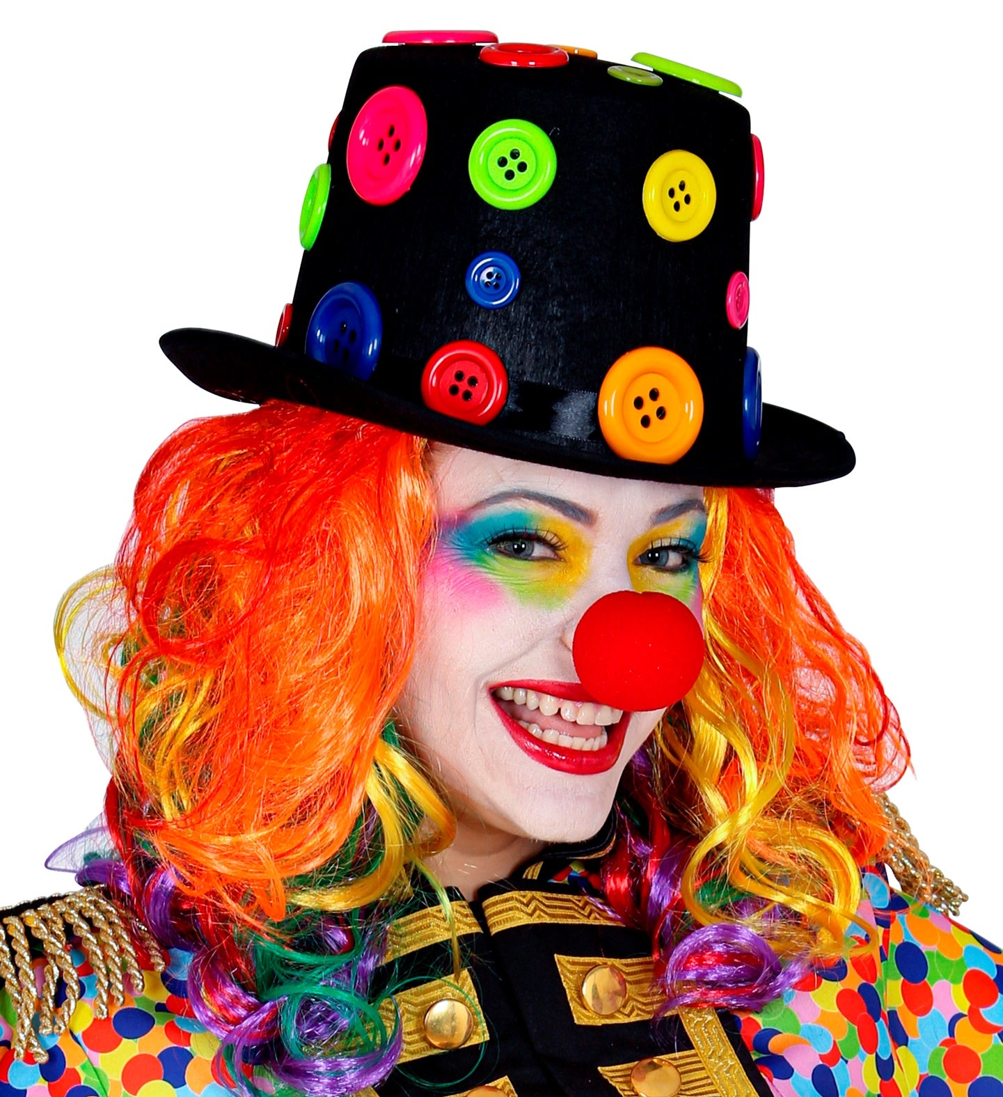 Schwarzer Clownhut mit bunten Knöpfen aus Stoff, fester Krempe für Fasching und Karneval.