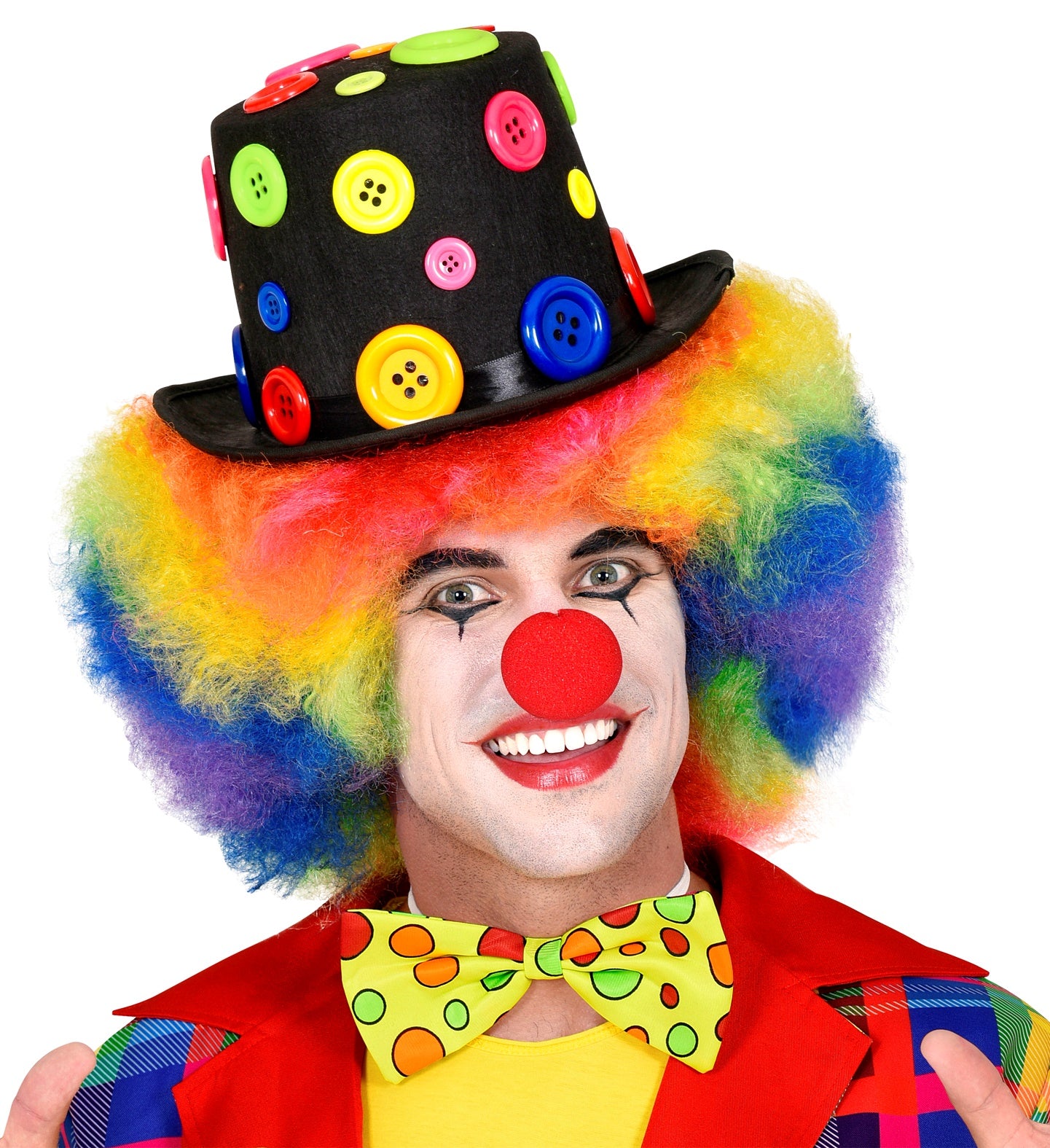 Schwarzer Clownhut mit bunten Knöpfen und stabilem Rand für Fasching und Karneval