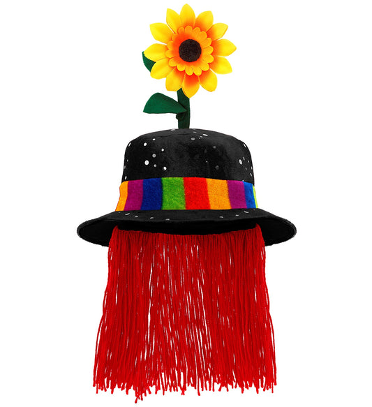Schwarzer Clownhut mit wildem Haar und gelber Sonnenblume, Einheitsgröße, aus Filz