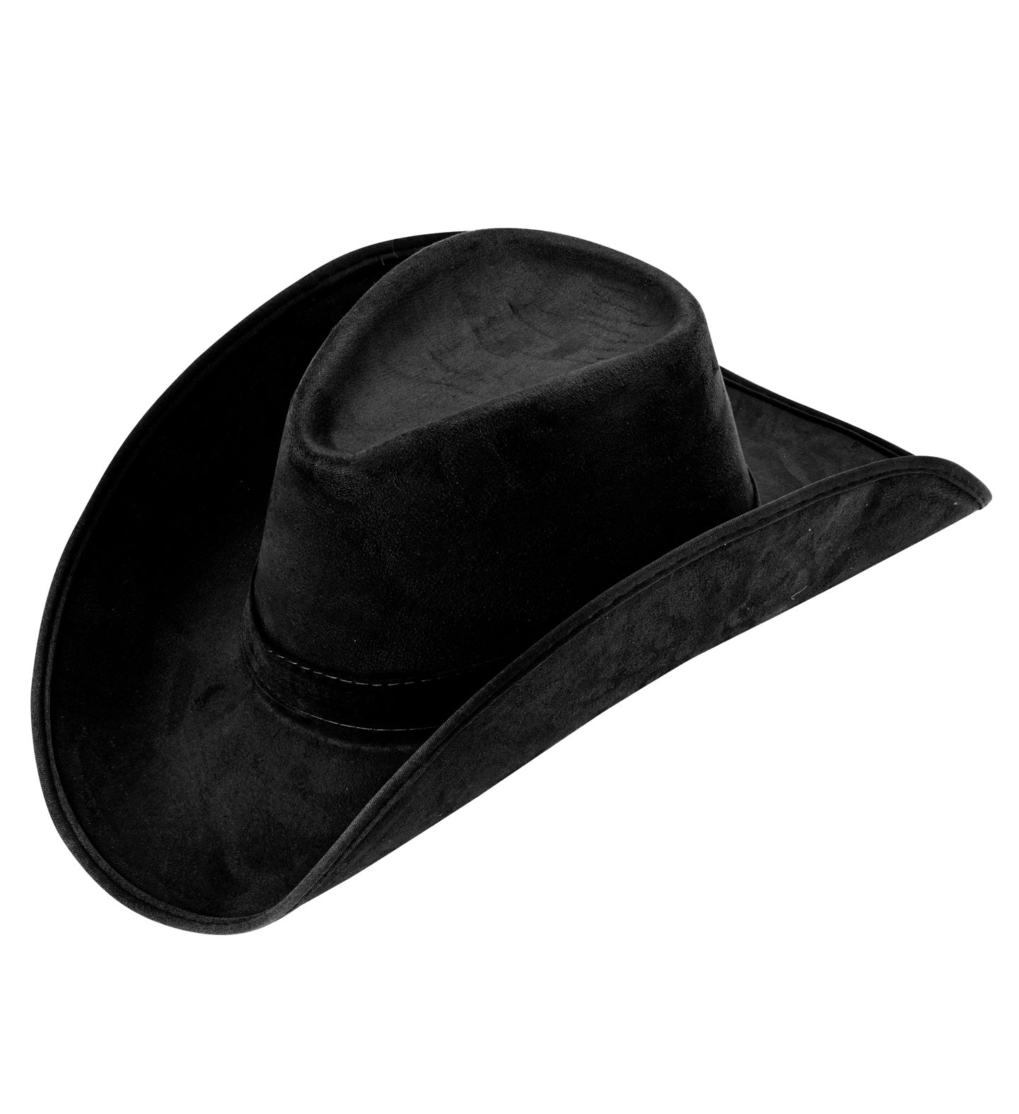 Schwarzer Cowboyhut in Wildlederoptik aus Kunstfaser, verstellbar und pflegeleicht.