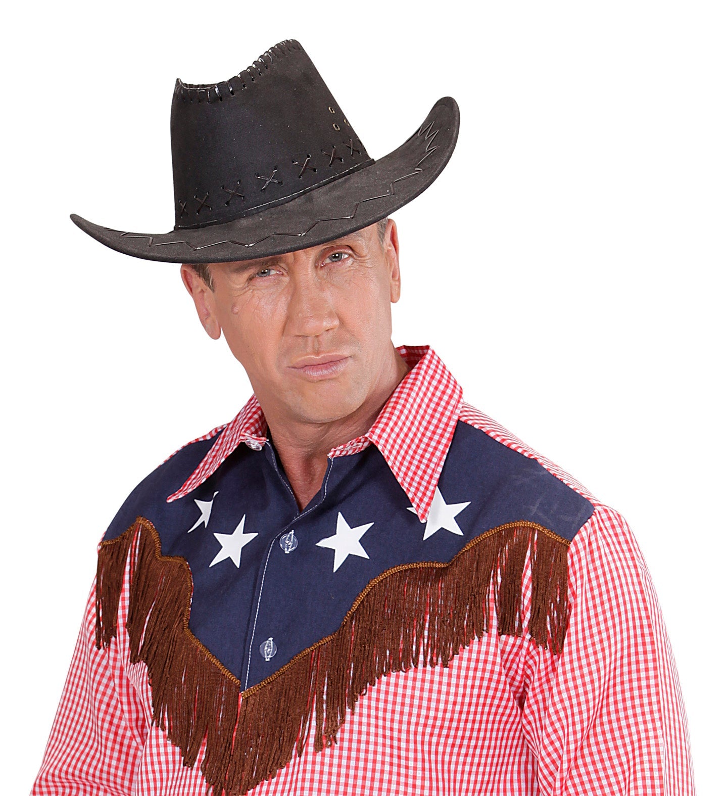 Schwarzer Cowboyhut in Wildlederoptik mit dicken Nähten, ideal für Festivals und Partys.