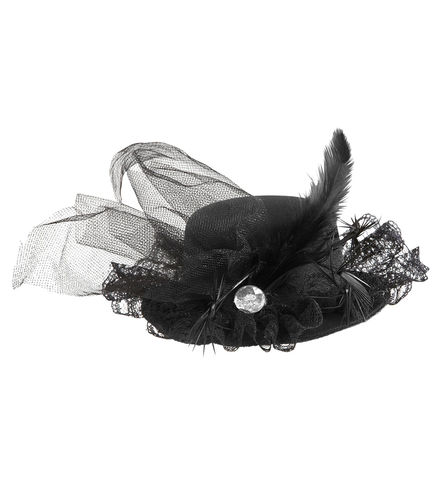 Widmann Mini Zylinderhut – Schwarz mit Diamanten, Spitze & Federn - Fasnacht24.ch