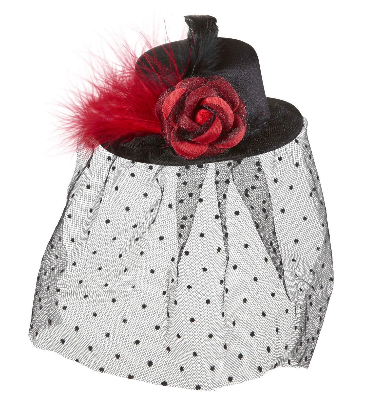 Widmann Mini Zylinderhut Schwarz – Mit Rose, Schleier & Federn - Fasnacht24.ch