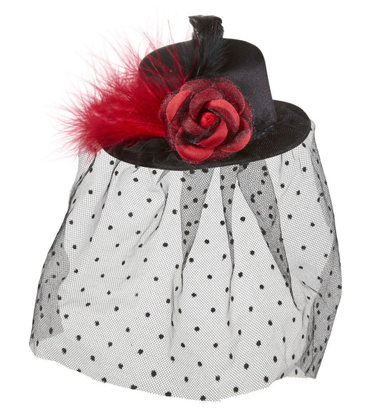 Widmann Mini Zylinderhut Schwarz – Mit Rose, Schleier & Federn - Fasnacht24.ch