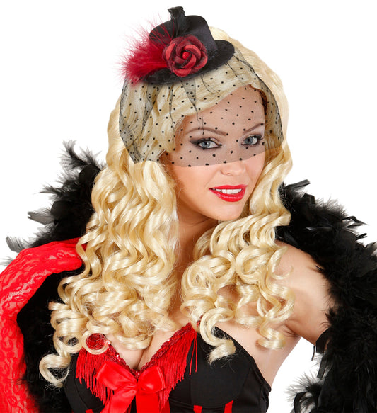 Widmann Mini Zylinderhut Schwarz – Mit Rose, Schleier & Federn - Fasnacht24.ch