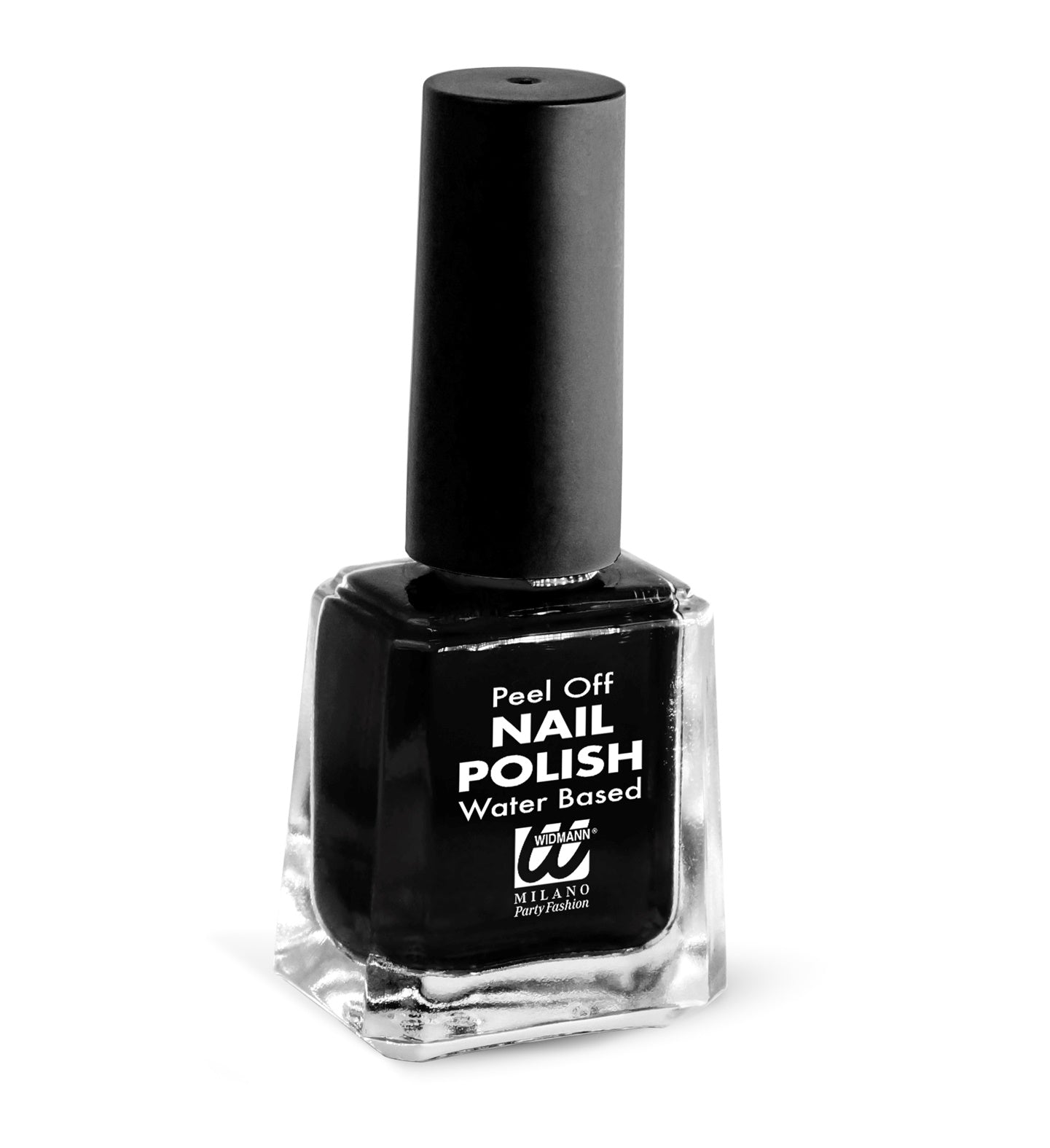 Black peel-off water-based nail polish bottle with glossy black liquid.