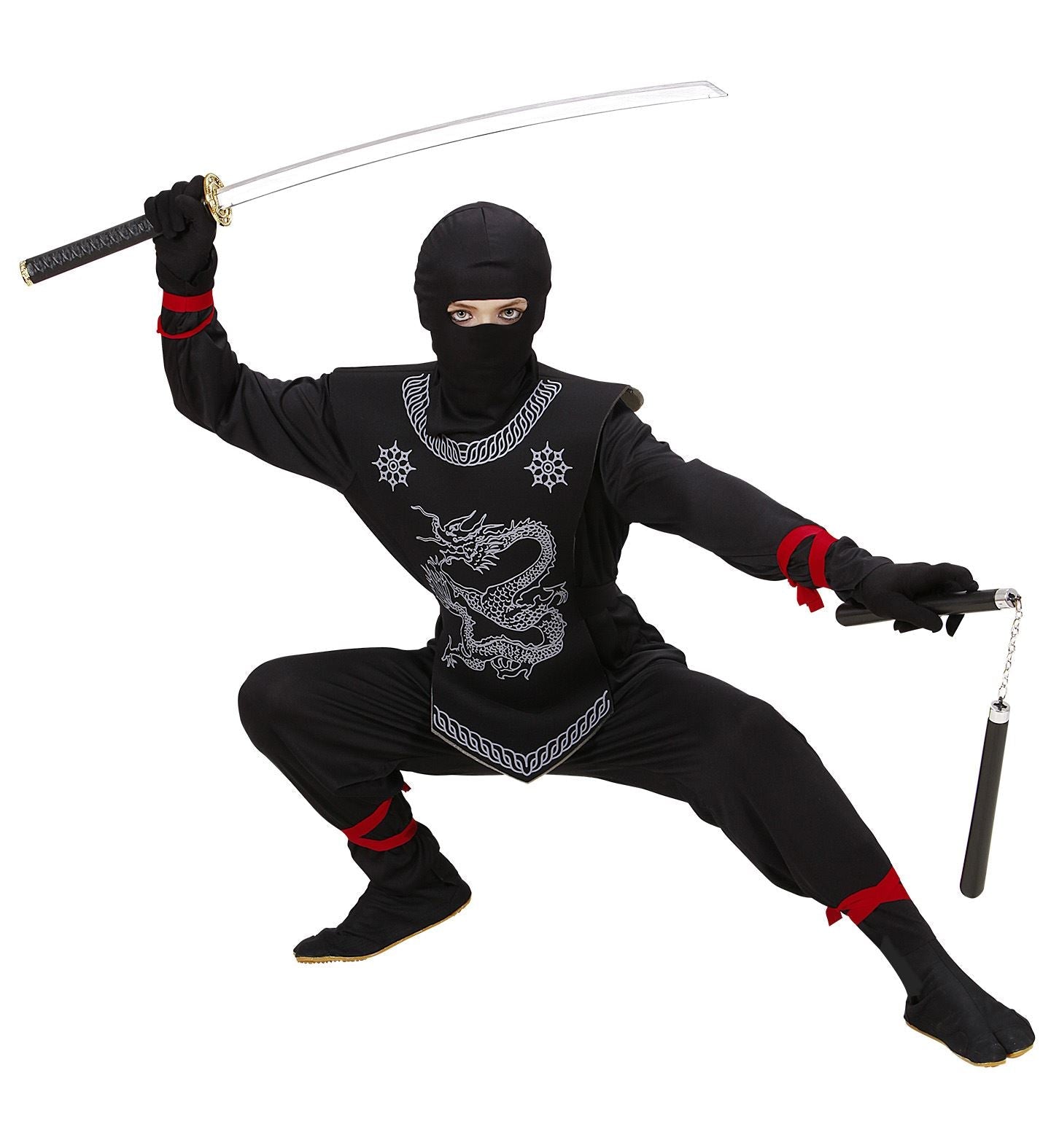 Kind holding black ninja costume with sword, nunchucks, dragon design, and mask.