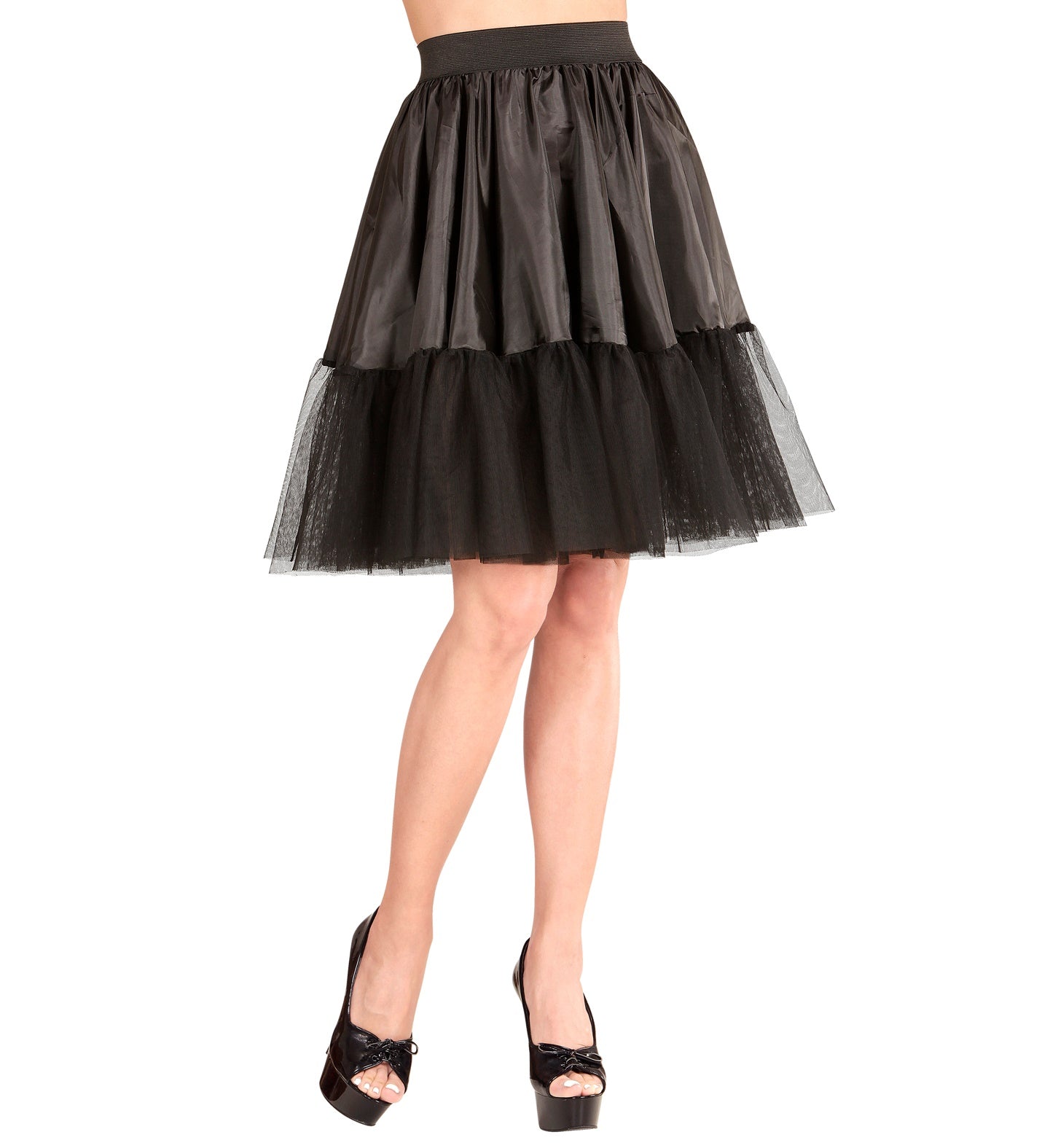 Schwarzer knielanger Petticoat aus Satin-Taft mit Tutu-Rock und schwarzem Gummizug.