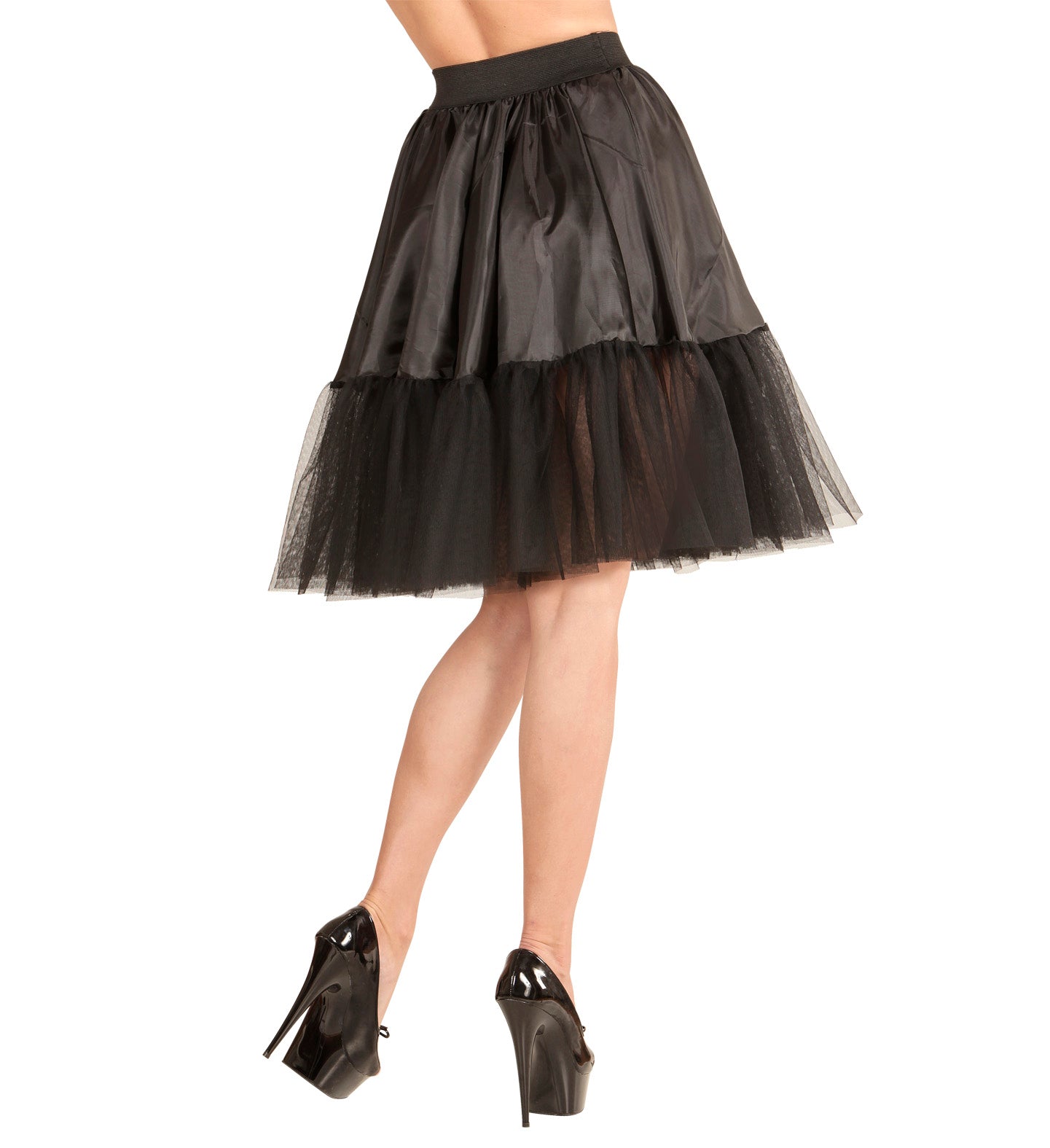 Schwarzer knielanger Petticoat aus Satin-Taft mit Tutu-Rock und schwarzem Gummizug.