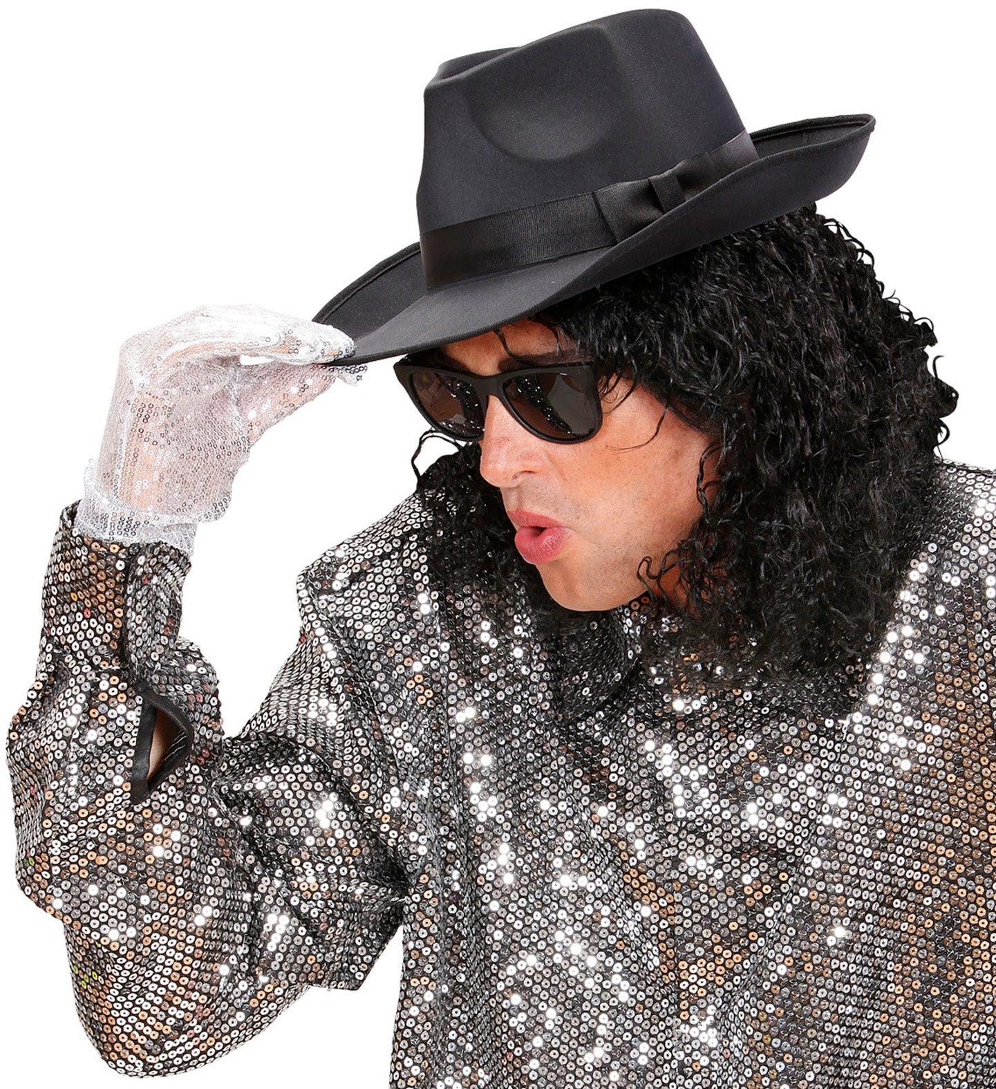 Schwarzer Satin Hut mit breiter Krempe, ideal für 20er Jahre und Cowboy-Kostüme.