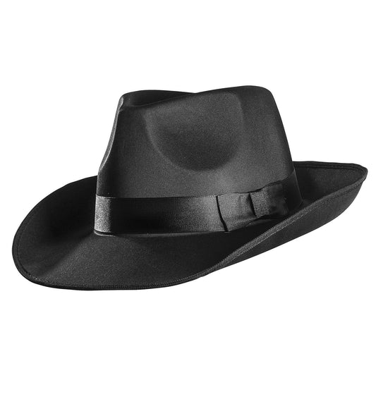 Schwarzer Satin Hut mit breiter Krempe, ideal für 20er Jahre und Cowboy-Kostüme.