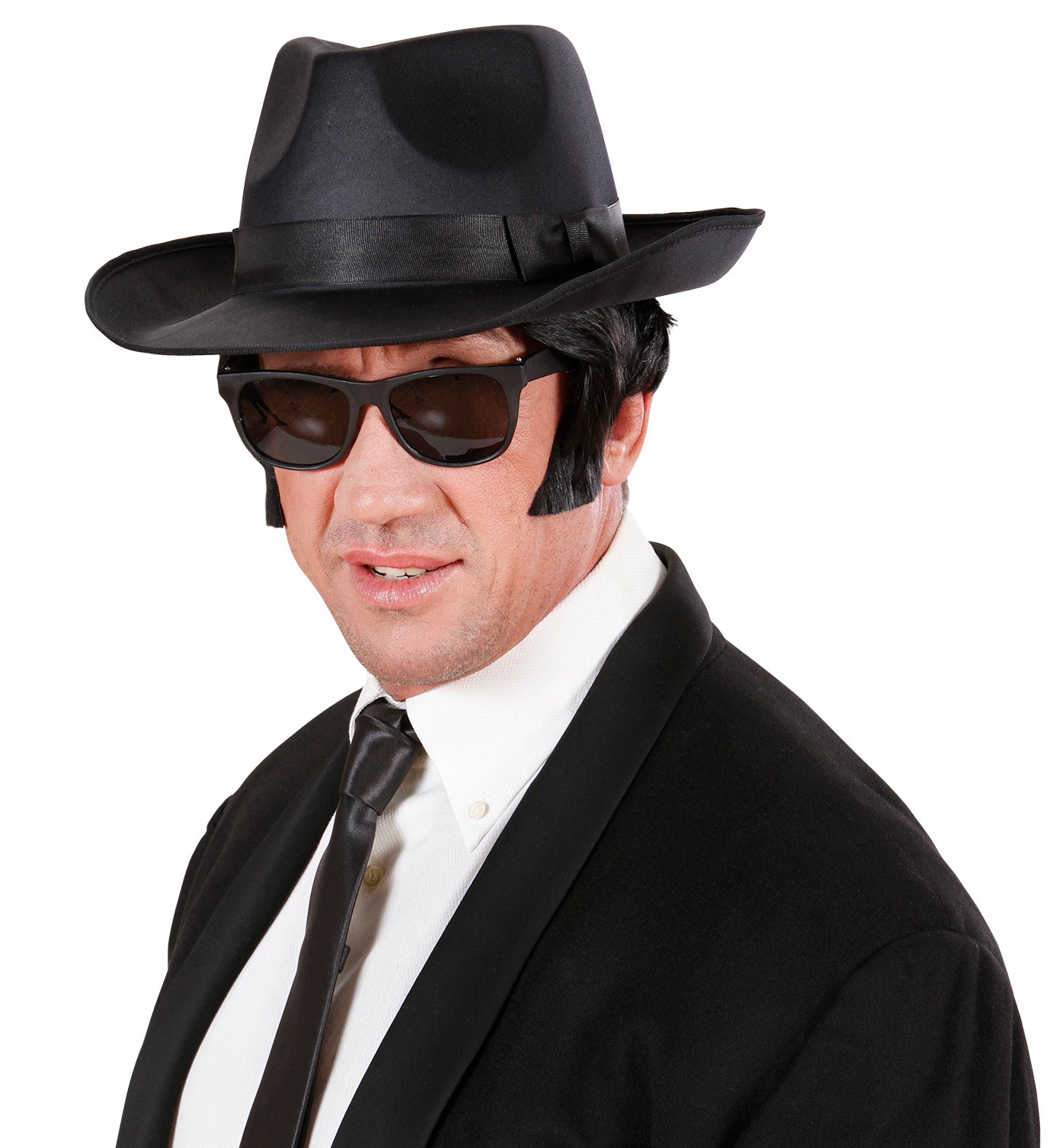 Schwarzer Satin-Hut mit breiter Krempe im Stil der 1920er Jahre und Cowboy-Look