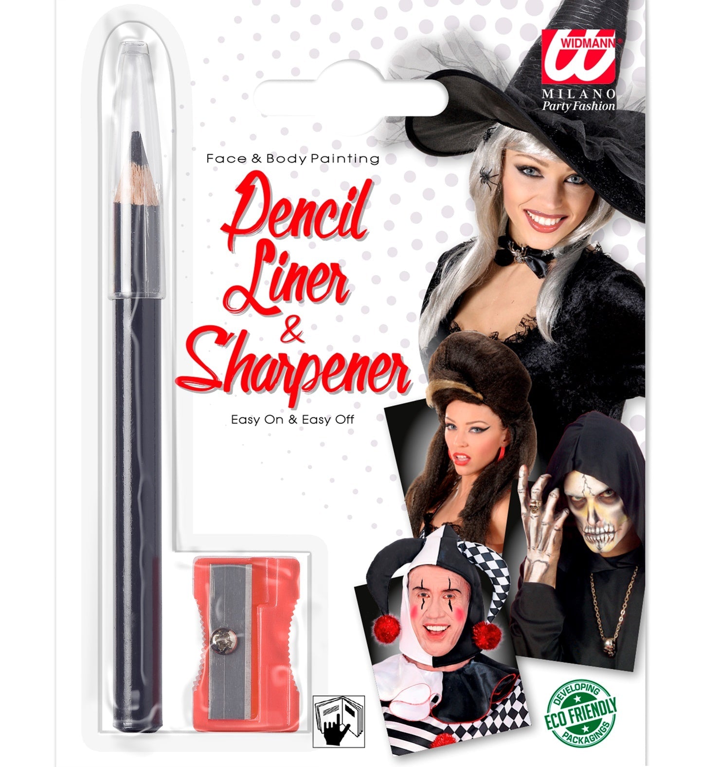 Black eyeliner pencil with sharpener in Widmann packaging.