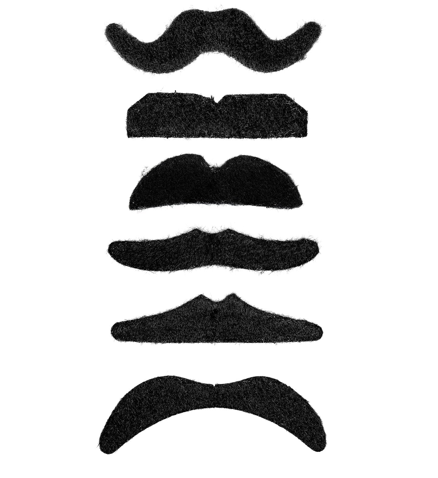 Sechs schwarze selbstklebende Schnurrbärte in verschiedenen Formen für Kostüme.