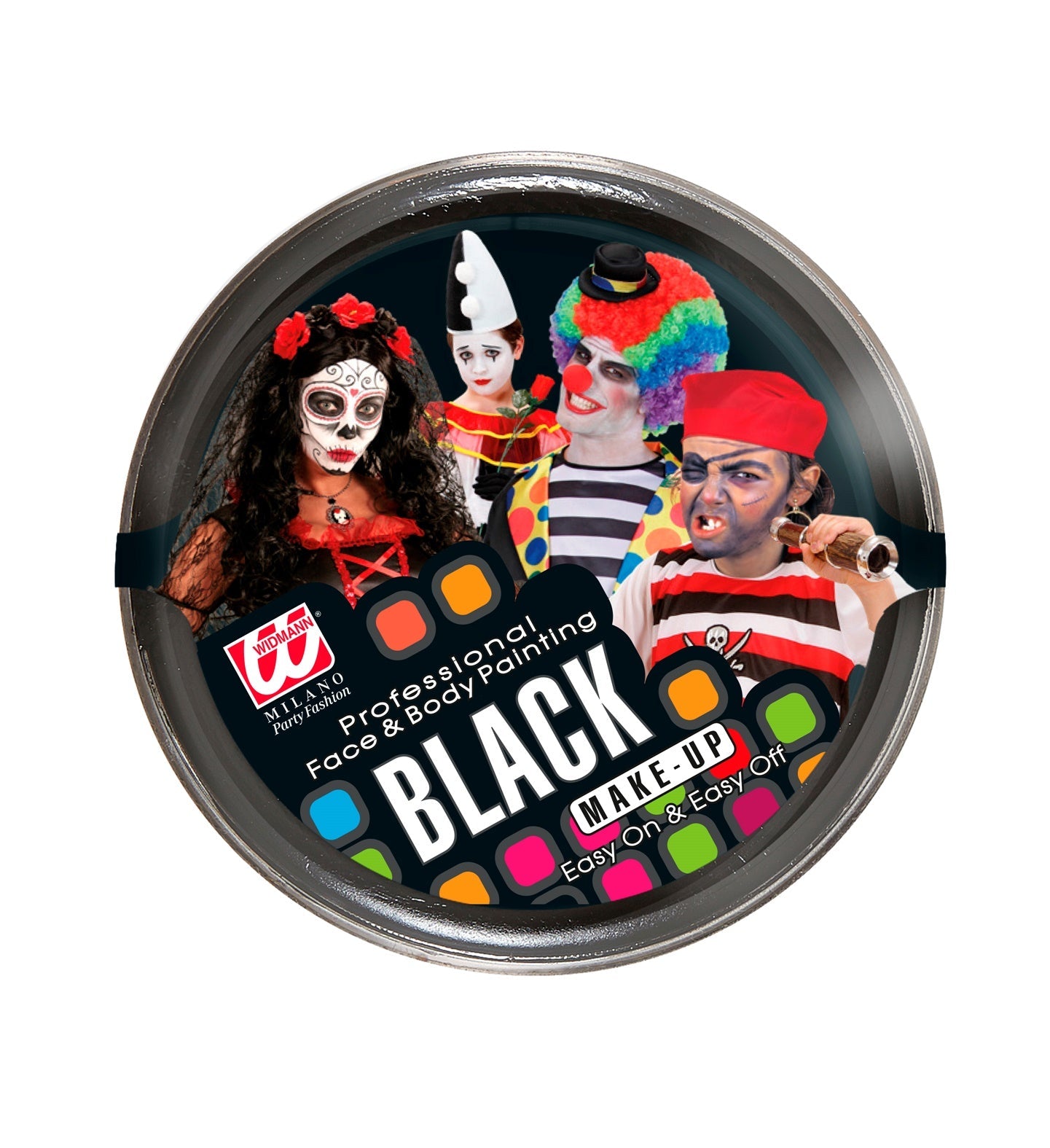 Schwarze Aqua Schminke in einem kleinen Behälter, ideal für Halloween und Cosplay.